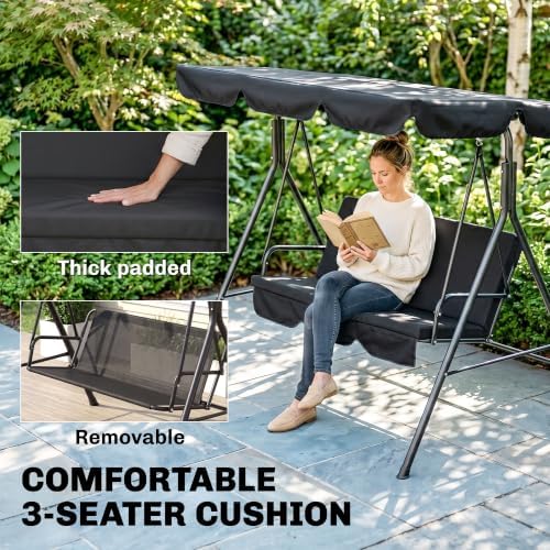 Outsunny 3-Person Porch Swing w/Stand Adjustable Tilt Canopy, Black