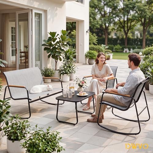 DWVO 4-Piece Rocking Patio Furniture Set, Textilene Conversation Set, Grey