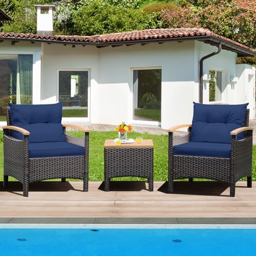 Tangkula 3-Piece Patio Furniture Set, Patiojoy Outdoor Rattan Sofa Set with Coffee Table, Patio Conversation Set with Removable Cushion, Cozy Acacia Wood Armrests for Backyard, Poolside (Navy)