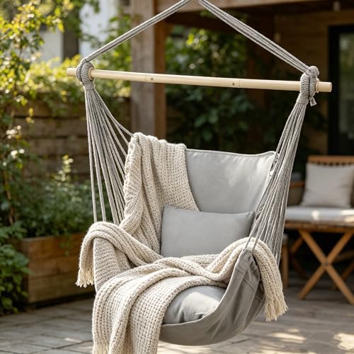 MoNiBloom Hammock Chair Hanging Rope Swing w/2 Cushions, Hold 350 lbs, Gray