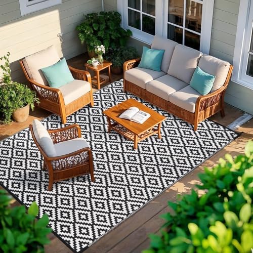 Kalafun Outdoor Patio Plastic Straw Rug, 5x8 ft, Black White