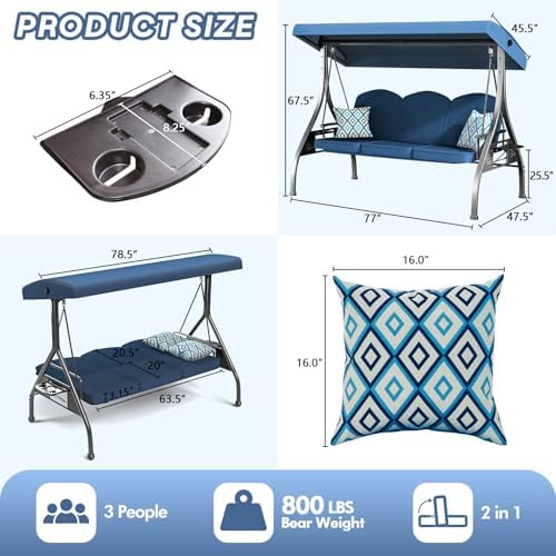 ZZW 3 Seat Outdoor Porch Patio Swing with Stand 800lbs 2-in-1 Convertible Swing Bed with Adjustable Canopy & Removable Cushion for Yard Garden Deck (Blue, Square Tube)