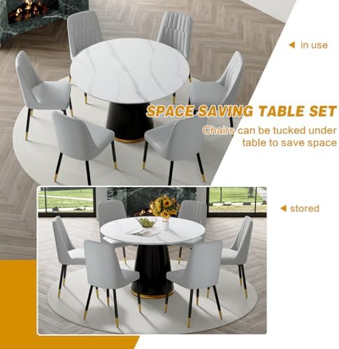 Round Dining Table Set for 6, 45" Round Wooden Dining Set with Cushioned Chairs, White Round Table and Chair Set for Kitchen