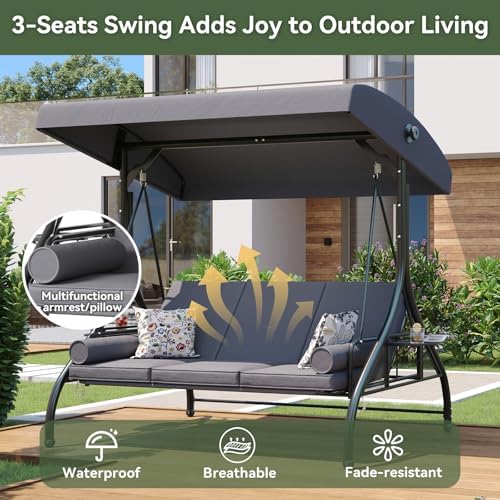 Aoxun Outdoor Porch Swing with Stand and Canopy, 3 Seats Outdoor Swings for Adults, Convertible 2 in 1 Swing Bed with Cup Holder, Patio Swings with Thicken Cushions for Garden, Yard & Balcony, Grey