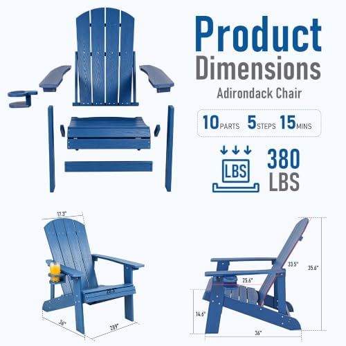 Adirondack Chairs Set of 2, Outdoor Adirondack Chair with Cup Holder, HDPE Patio Chairs, Waterproof, Fade-Proof Fire Pit Chairs for Yard & Garden, Blue