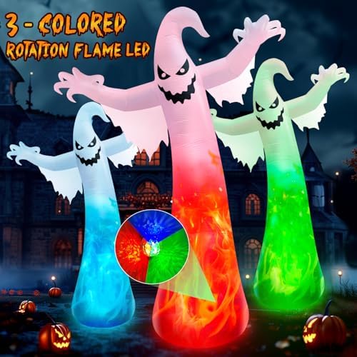 12FT Giant Halloween Inflatables Ghost with 3-Colored Flame Rotation Light