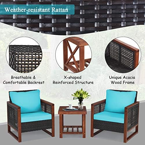 Tangkula 3 Pieces Patio Wicker Furniture Set, Rattan Outdoor Sofa Set w/Washable Cushion & Acacia Wood Coffee Table, Conversation Bistro Set for Garden Balcony Backyard (Turquoise)