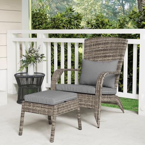 Outsunny Patio Wicker Adirondack Chair with Ottoman High-Back Gray