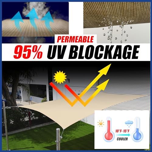 ShadeMart 10' x 16' Sand Sun Shade Sail UPF50 Rectangle Canopy Fabric Cloth Screen smTAPR1016, Water and Air Permeable & UV Resistant, Heavy Duty, Carport Patio Outdoor - (We Customize Size)