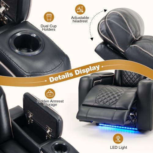 ANJ Dual Motor Power Recliner Set of 7 with Adjustable Headrest & LED Light, Faux Leather Home Theater Seating with Cup Holders & Arm Storage, Electric Reclining Chairs, Black(White Stitching)