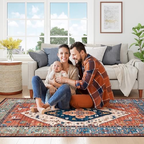 Lahome Area Rugs 9x12 Living Room - Boho Non-Slip Washable Rug Ultra-Thin Stain Resistant Large Carpet Throw Non Shedding Dining Room Mat, Oriental Print Carpet for Bedroom Adelyn (Rust, 9'x12')