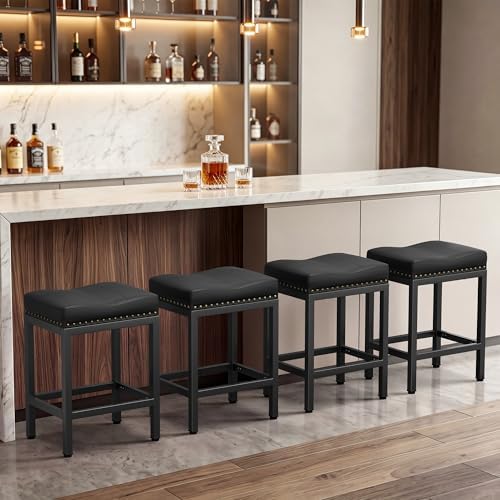 GRUSIGN 24 Inch Bar Stools Set of 4, Counter Height PU Leather Kitchen Chairs with Footrest & Metal Legs, Modern Backless Saddle Stools for Island, Dining, Space-Saving, Black