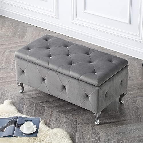 AC Pacific Glam 38 Inches Storage Ottoman Bench for Entryway, Hallway, Living Room, and Bedroom, Upholstered Tufted Faux Leather Ottoman with Storage, Foot Rest and Organizer, Fossil Gray