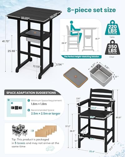 SERWALL 8 Pieces Outdoor Bar Chairs Table with Ice Bucket Set, Black