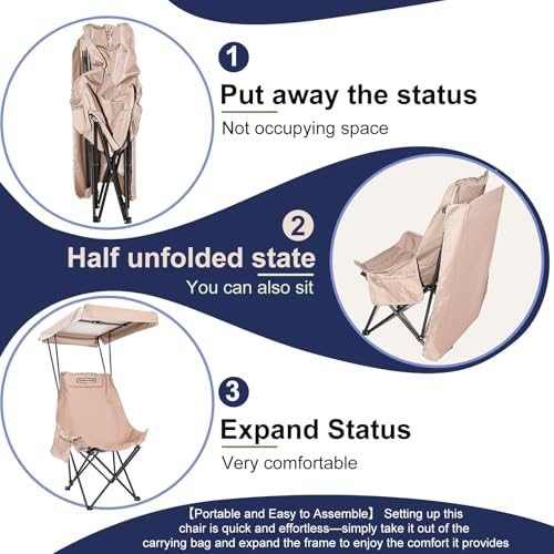 YOUNG WOOD Portable Camping Chair Beach Chair with Shade Canopy, Fold Lightweight Oversized Suit for All, Easy to Open,Close Without Installation, Side Pocket Design for All Outdoor Activities,Khaki