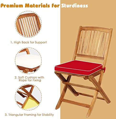 ORALNER 3-Piece Acacia Wood Folding Patio Bistro Set, Small Outdoor Balcony Furniture, Round Coffee Table and 2 Chairs with Soft Cushions, Teak Table Set for Porch, Backyard, Deck (Red)