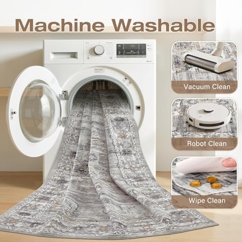 Vintage Washable 5x7 Area Rug, Non-Slip Indoor Carpet, Grey
