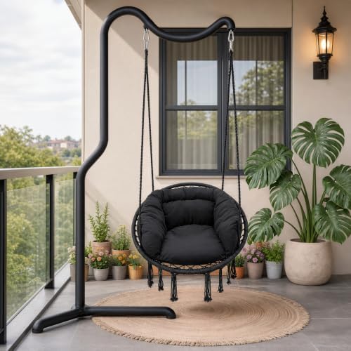 Athena Collection Hammock Chair with Hardware Kit & Cozy Cushion, Black