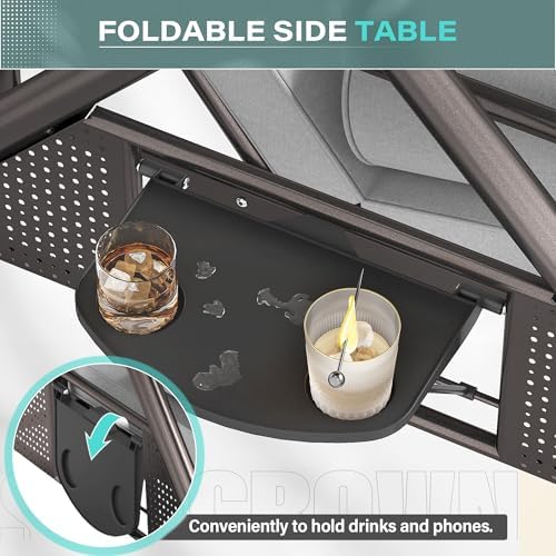 SUNCROWN Outdoor 3 in 1 Porch Swing Chair, 3 Seat Patio Swing Glider with Adjustable Canopy, Heavy Duty Swings with Thickened Cushions, Pillows & Cup Holders for Backyard, Porch, Garden,Grey