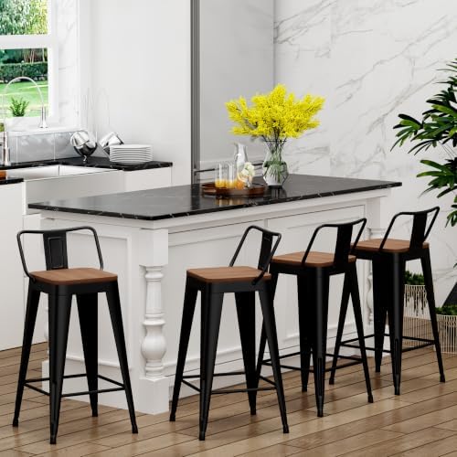 Yongchuang Metal Bar Stools Set of 4, 30" Black Bar Height Stools with Back