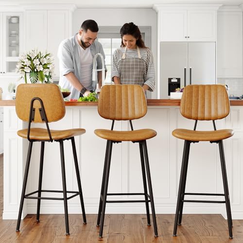 Raynesys 29-Inch Leather Bar Stools Set of 3 with High Backrest, Brown
