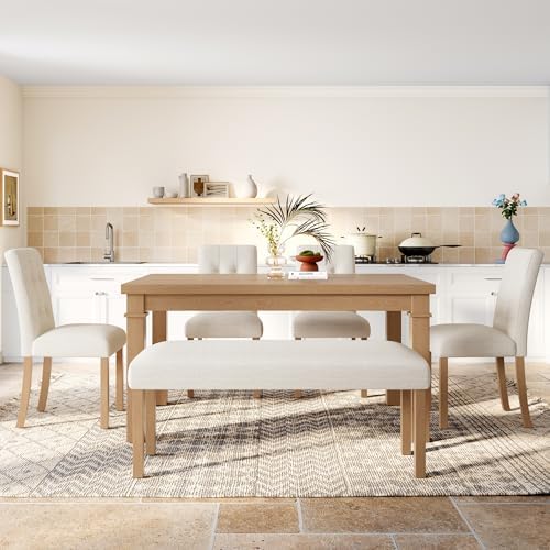 P PURLOVE 6 Piece Dining Table Set, Wood Rectangle Kitchen Table with 4 Upholstered Chairs 1 Bench for Dining Room and Living Room (Natural)