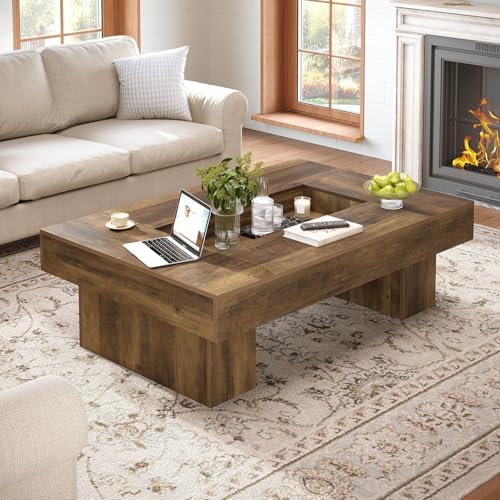 LVB 47"X31" Large Rectangle Wood Coffee Table with Storage Rustic Oak