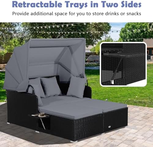 Tangkula Patio Rattan Daybed with Retractable Canopy, Outdoor Wicker Sunbed Lounger with 2 Foldable Side Tables, Thick Seat & Back Cushions, Outside Double Daybed for Garden, Backyard, Porch (Grey)
