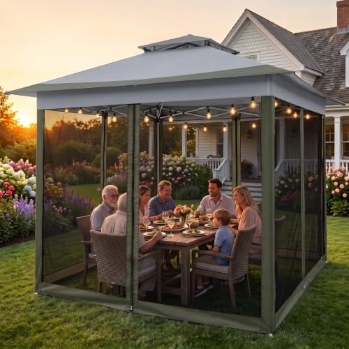 COBIZI 12x12 Pop Up Gazebos On Clearance - Portable Gazebo with Mosquito Nettings- Upgrade Easy Up Outdoor Canopy Waterproof, 4 Ropes 8 Stakes and Carry Bag for Patio Garden(Dark Gray)
