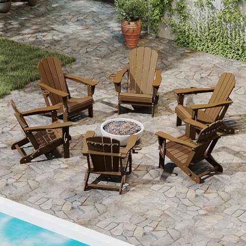 Domi Folding Adirondack Chair Set of 6, HDPE All-Weather Adirondack Chairs with Cup Holder, Outdoor Plastic Fire Pit Chairs Wood Texture for Poolside, Patio, Backyard, Deck (Khaki)
