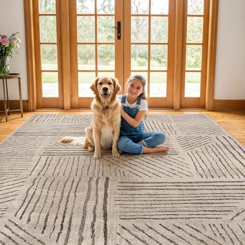 Rugshop Modern High-Low Patchwork Geometric Area Rug Cream 7'10" x 10'