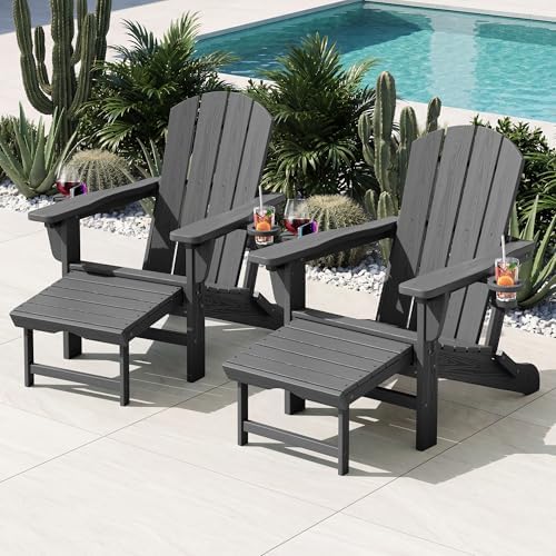 KINGYES Adjustable Folding Adirondack Chairs with Footrest & 2 Cup, HDPE Recliner Adirondack Chair with Ottoman, Grey
