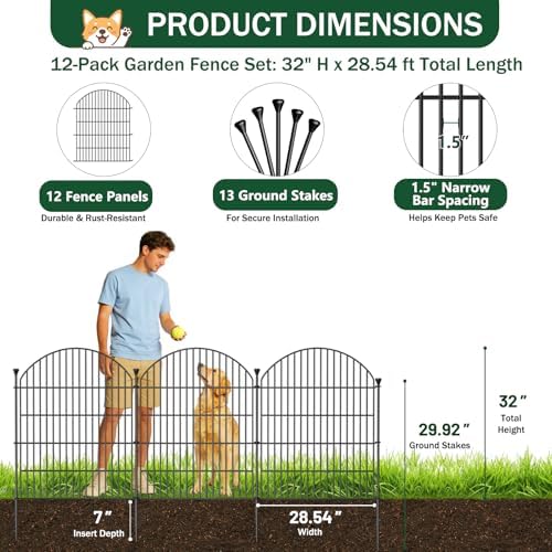 No Dig Garden Fence Panels, Dog Fence Outdoor for Yard, 12 Pack