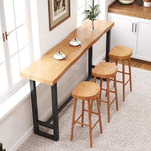 47in Solid Wood Live Edge Bar Table - Bar Height Pub Table with Built-in Footrest, Solid Wood Top & Sturdy Metal Legs for Kitchen, Dining & Bistro Spaces