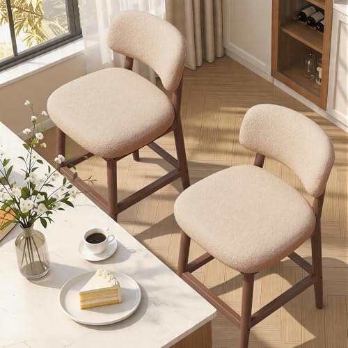 Solid Wood Counter Height Bar Stools Set of 2, Fluffy Boucle Bar Chairs with Frame, Mid-Century Modern Upholstered Stools with Backrest for Kitchen Island, Home Bar, Oatmeal