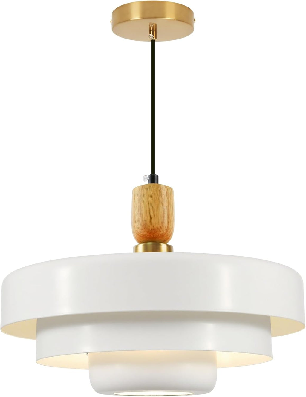 3-Layer White Metal Shade Pendant Light, Mid Century Adjustable Hanging Light with Wood Gold Canopy, E26 Ceiling Pendant Lamp for Kitchen Table Over Sink Bedroom