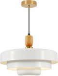 3-Layer White Metal Shade Pendant Light, Mid Century Adjustable Hanging Light with Wood Gold Canopy, E26 Ceiling Pendant Lamp for Kitchen Table Over Sink Bedroom
