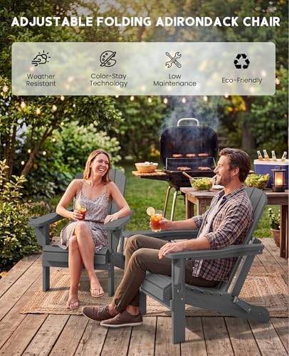 SERWALL Folding Adjustable Adirondack Chairs Set of 4, Cup Holders, Gray
