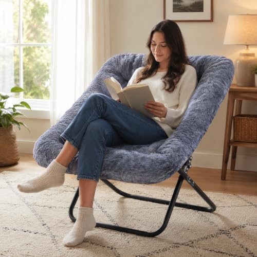 Simple Deluxe Oversized Square Moon Chair for Adults, Soft Faux Fur Folding Lounge Chair with Sturdy Steel Frame, Comfortable Reading Gaming Chair for Living Room, Bedroom, Grey