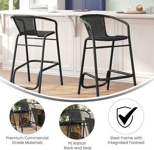 Flash Furniture PE Rattan Indoor/Outdoor Restaurant Barstool, Black, 2-Pack