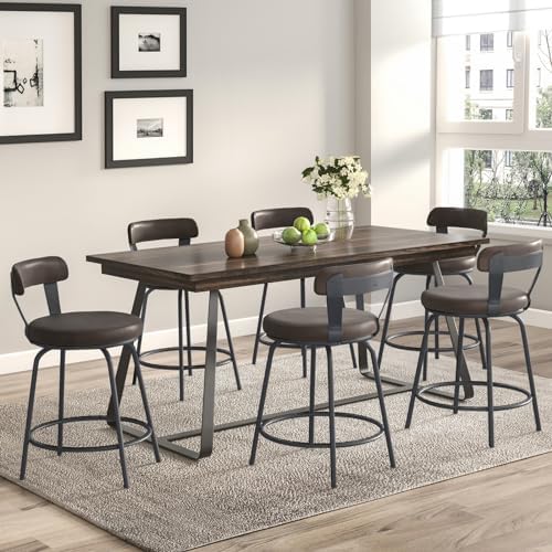 24 Inch Swivel Counter Height Bar Stools Set of 2, Modern Backs, Leather Counter Stools for Kitchen Island, Brown