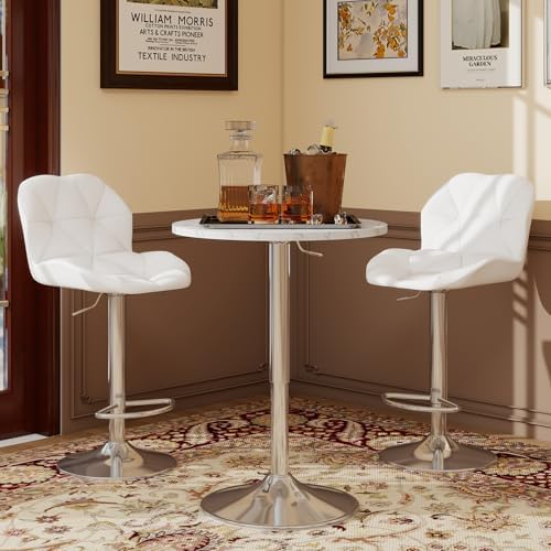 ARTETHYS Bar Table and Chairs Set Swivel Marble Style Table & White Stool