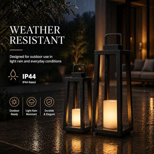 Integrated LED Solar Lantern Outdoor Large H24 Inch Black Metal Decorative Solar Light with Flickering Candle Waterproof Patio Lantern for Garden Pathway Porch Yard