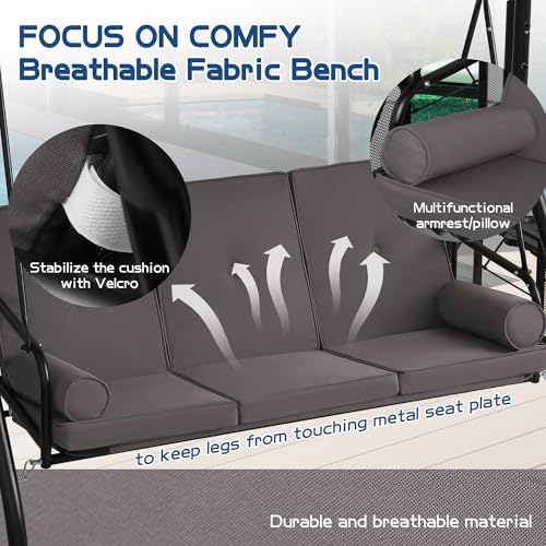Porch Swings with Adjustable Canopy, 3 Seat Outdoor Swing Bed, Gray
