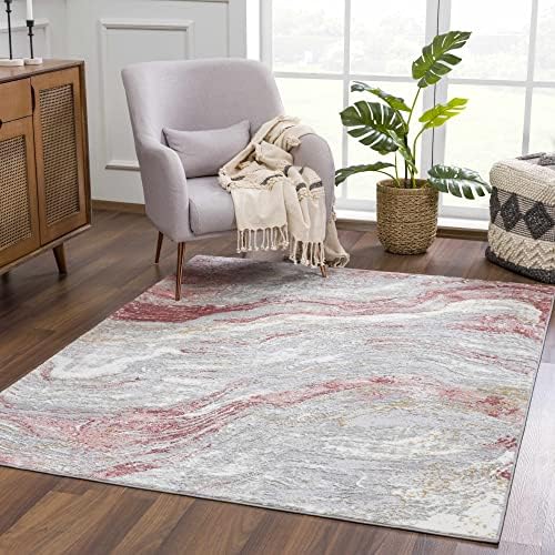 Hauteloom Malmesbury Modern Abstract Bedroom Living Room Area Rug - Marble Swirl Pattern - Contemporary Bohemian Farmhouse - Pink, Red, Grey, Off White - 5'3" x 7'