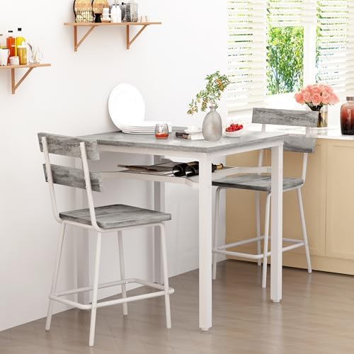 Hooseng 3 Piece Bar Table and Chairs Set, Counter Height Small Dining Table with 2 Bar Stools, Farmhouse Square Kitchen Table with Storage for Bistro, Pub, Small Space
