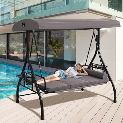 Porch Swings with Adjustable Canopy, 3 Seat Outdoor Swing Bed, Gray