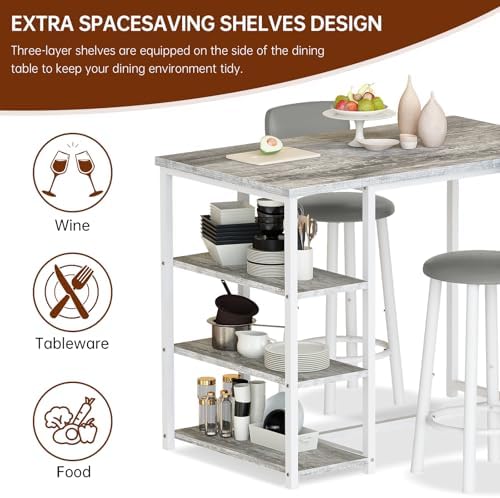 Recaceik Pub Dining Table Set for 2, Table and Bar Stools with 3 Storage Shelves, MDF Board & PU Leather Backrest Chairs, 3 Piece Dining Set for Small Space, Apartment, Kitchen Island, Grey