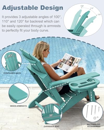 NAVINE Adjustable Adirondack Chairs Set of 4 with Cup Holders, Lake Blue