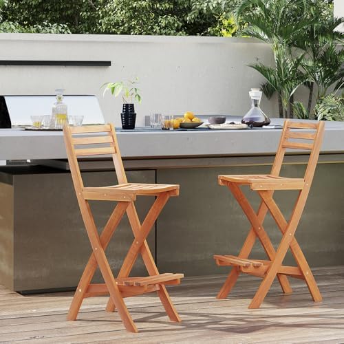 Tangkula Patio Folding Barstool, Outdoor Portable High Top Acacia Wood Bar Height Chair with Backrest & Footrest,for Backyard, Garden, Front Porch (1)